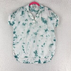 Rachel Zoe White Tie Dye 100%‎ Linen Shirt Womens V-Neck Short Sleeve Size Small